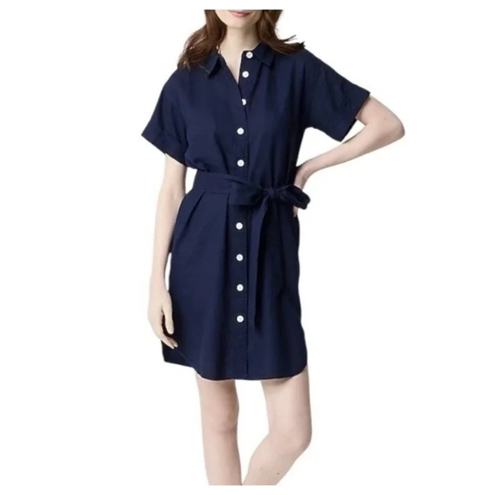J. Crew Factory Linen Belted Navy Blue Mini Shirt Dress Petite Sm Coastal Preppy
